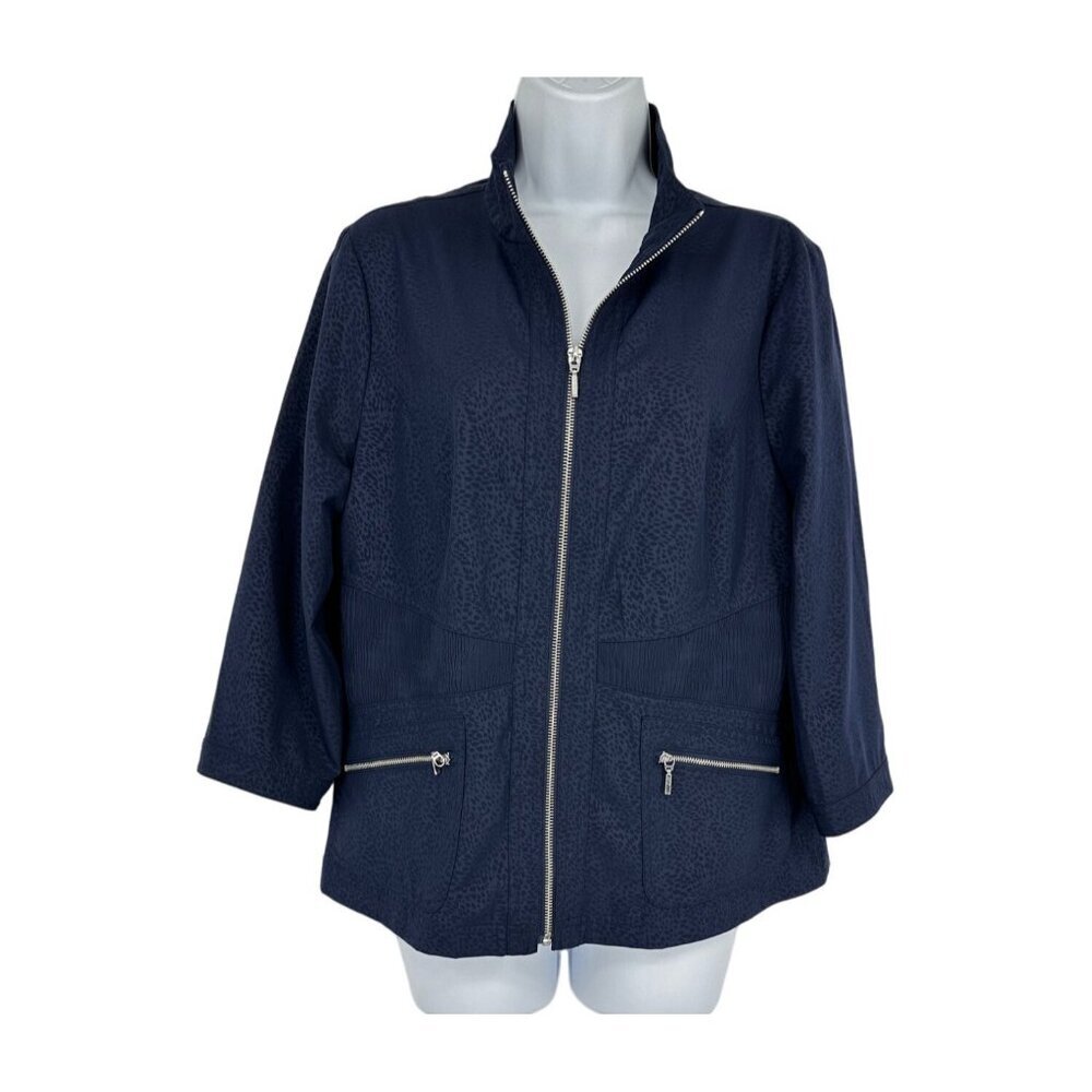 Zenergy by Chicos Womens Blue 3/4 Sleeve Light Windbreaker Pockets Size 1 US M